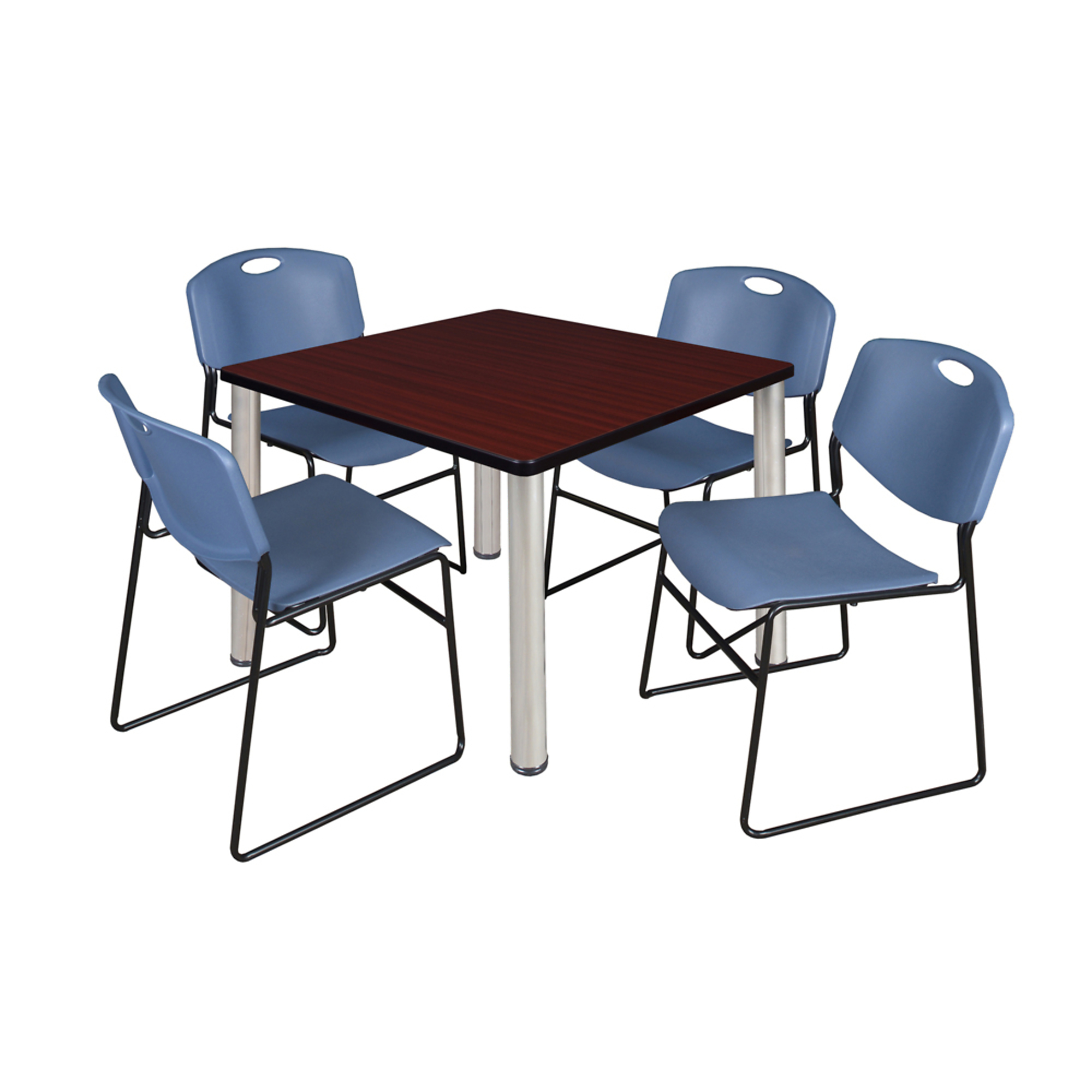Regency Kee Square Breakroom Table Set — 42in., Mahogany Top, Chrome Legs, 4 Blue Zeng Stack Chairs, Model# TB4242MHBPCM44BE